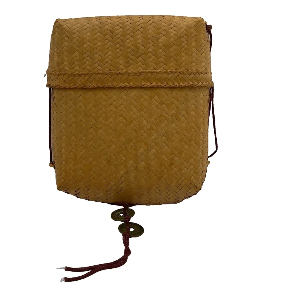 Handmade Woven Bag Backpack Vintage Basket Tan Bamboo With Lid & Chinese Coin